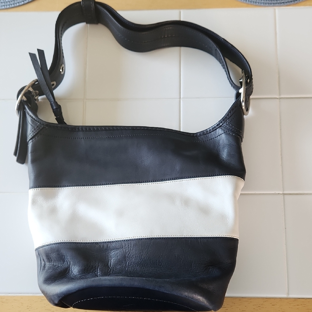 Navy Blue and White Leather Shoulder Bag